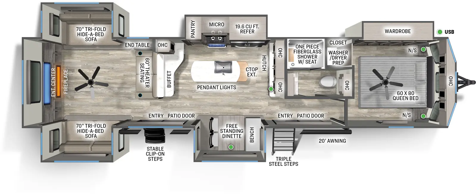 The Sierra Destination 403RD floorplan has two entries and five slide outs. Exterior features include: fiberglass exterior and 20' awning. Interiors features include: kitchen island, free-standing dinette option, front bedroom and rear living.